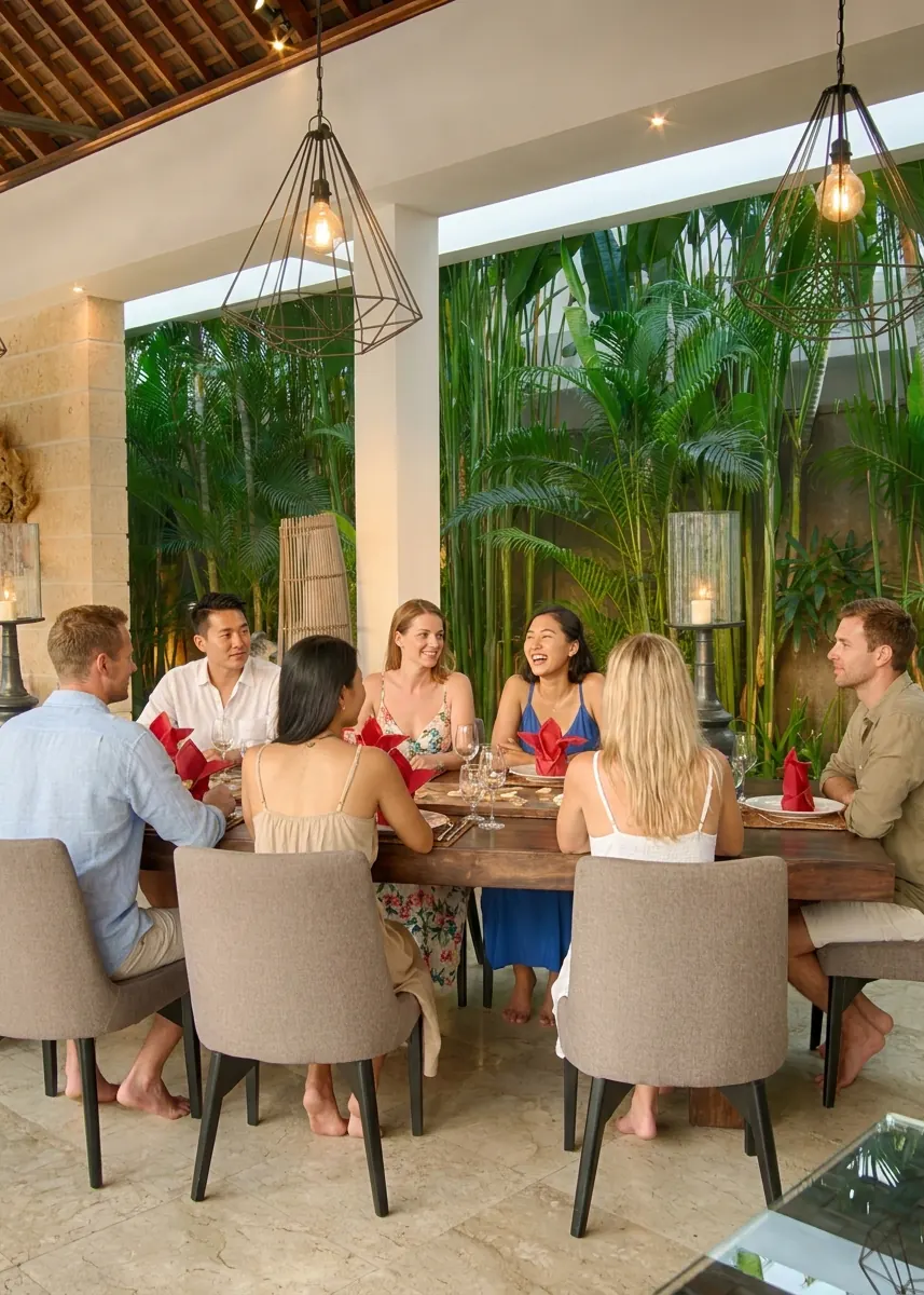 Seven friends at the four-metre table under the pitched pavilion roof at Casa Brio, in linen and sundresses, the pendant lamps lit