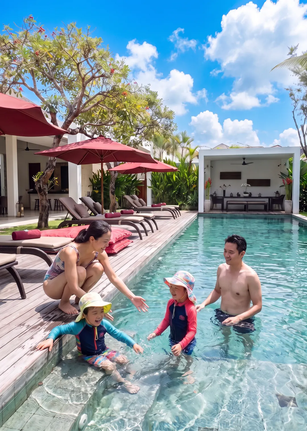 Two children in rash guards and sun hats playing in the shallow end of the pool at Casa Brio while their parents watch