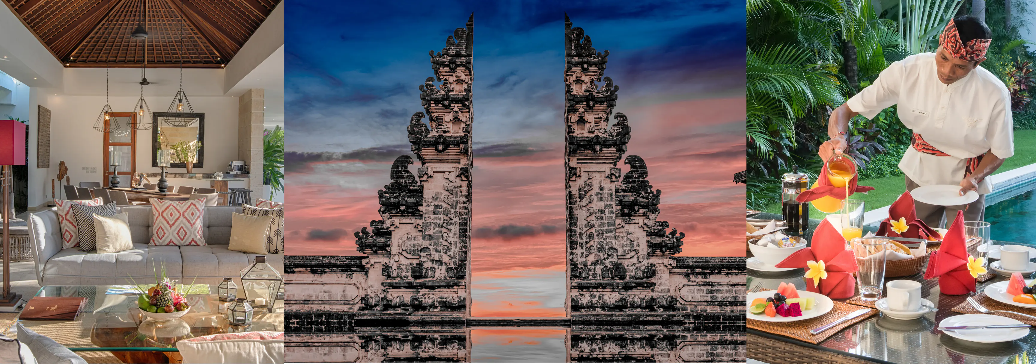 Three panels: the open living pavilion at Casa Brio, a Balinese split gate at sunset, and house staff pouring juice at the poolside breakfast table