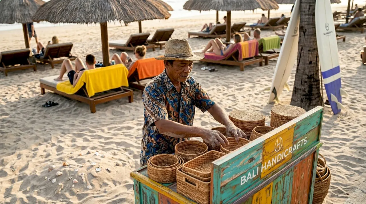 A vendor arranging woven rattan baskets on a painted cart lettered “Bali Handicrafts” on Seminyak beach, thatched parasols and loungers behind