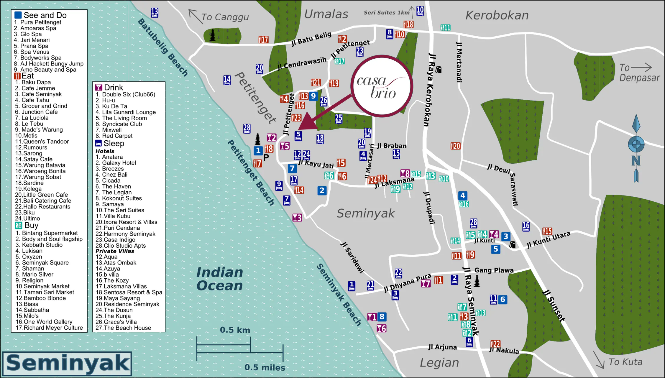 Illustrated map of Seminyak showing Casa Brio in Petitenget, with Petitenget and Seminyak beaches, the main streets, and numbered indices of places to see, eat, drink and shop