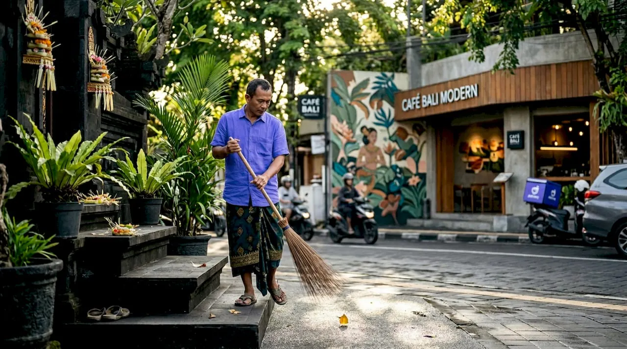 A Balinese man in a batik sarong sweeping the pavement with a palm-rib broom outside a family shrine hung with woven offerings, Seminyak