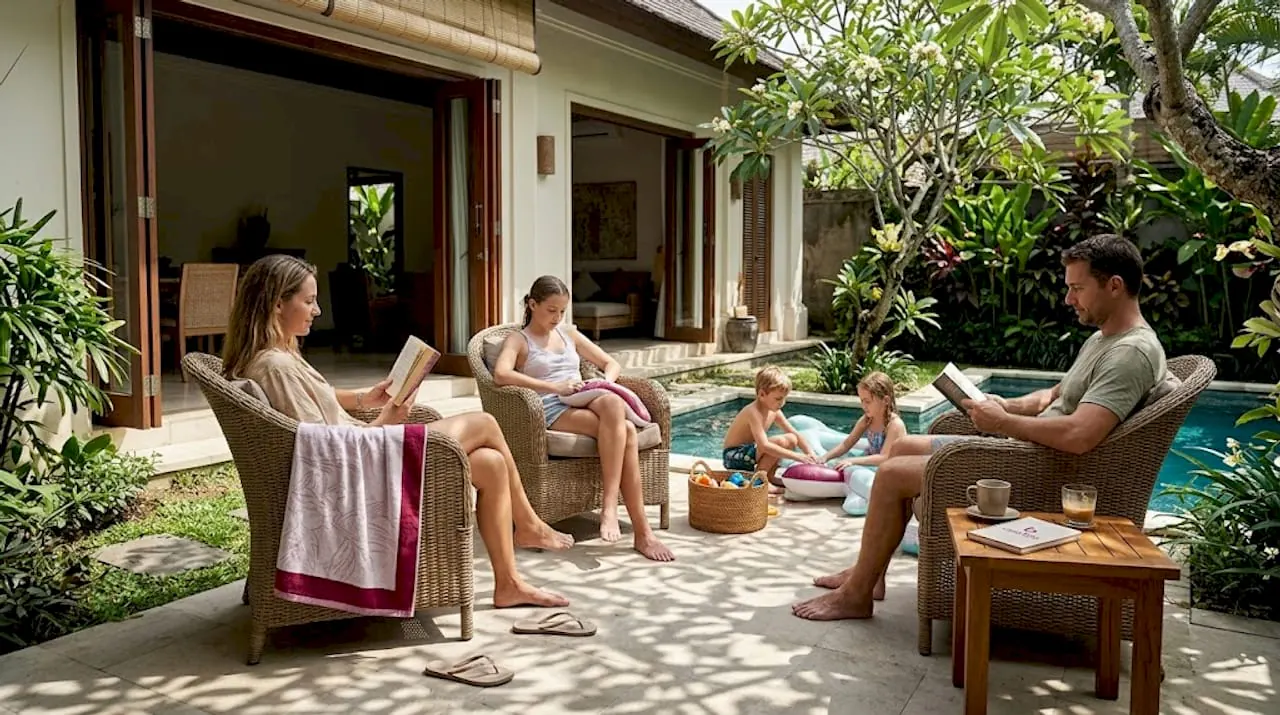 A family around a villa pool in morning shade — two adults reading in wicker armchairs, two small children playing with an inflatable at the edge