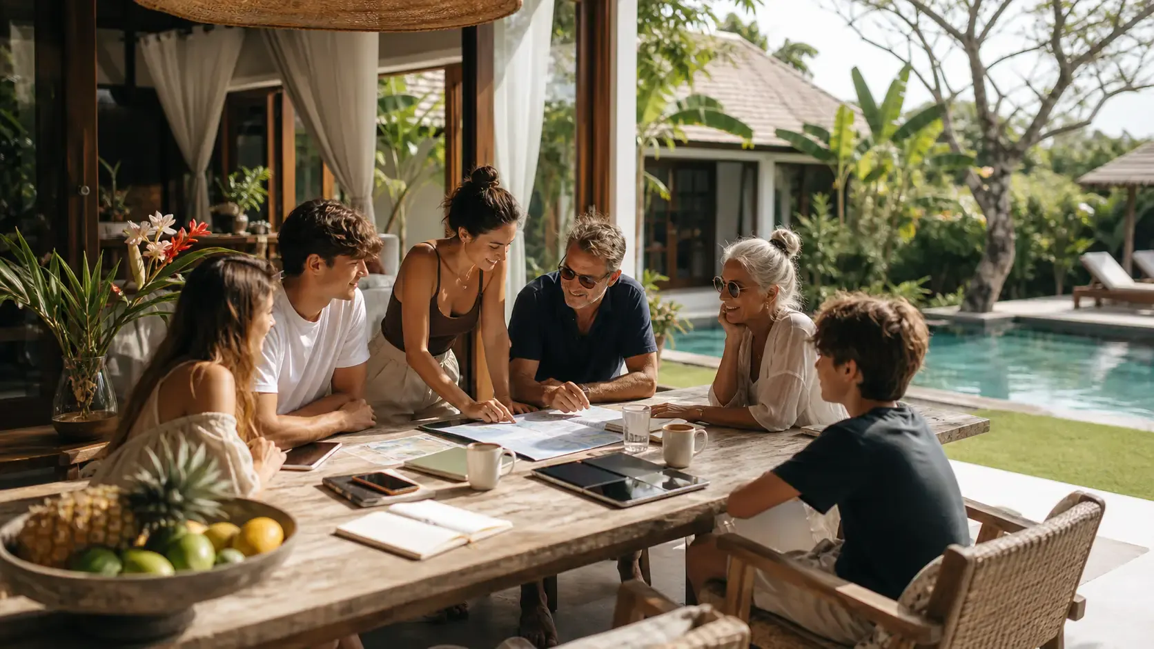 Three generations of a family around a timber table in an open villa pavilion, leaning over a plan between phones and coffee cups, the pool behind