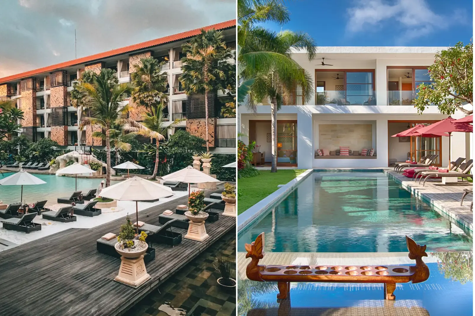 Hotel versus villa, side by side: a four-storey resort block above a shared pool of parasols and loungers, and a private villa with its own lap pool