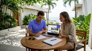 Couple preparing to book Bali villa safely