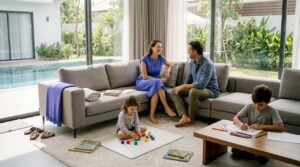 Family enjoying casual time in bright villa living room