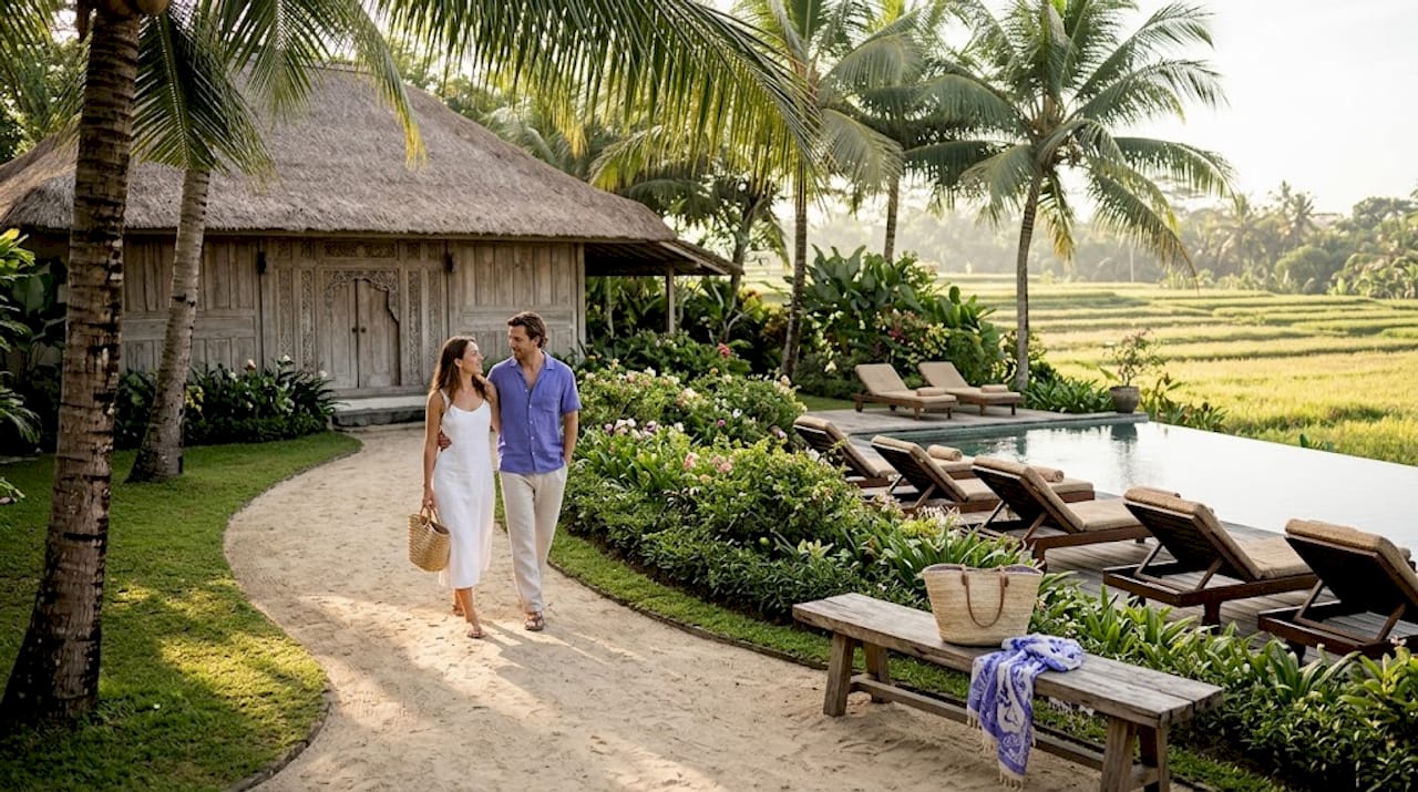 Couple walking through Bali villa garden