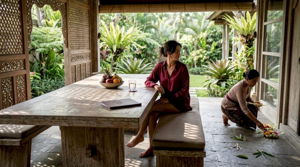 Guest at luxury Bali villa observing local cultural traditions