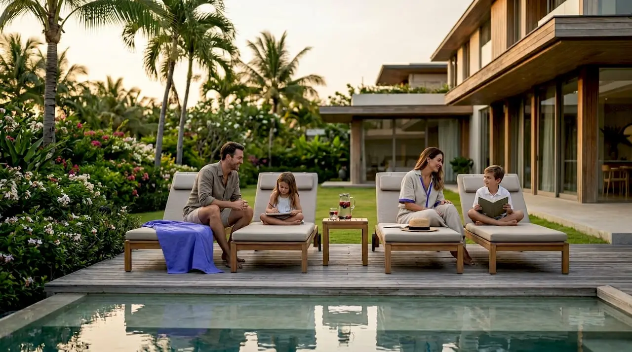 Family relaxing outside at private villa poolside