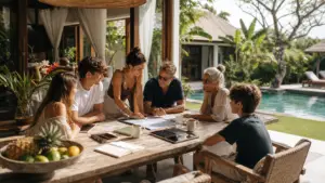 A group planning their Seminyak villa stay from a private poolside dining table