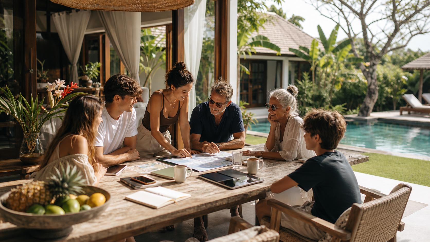 A group planning their Seminyak villa stay from a private poolside dining table