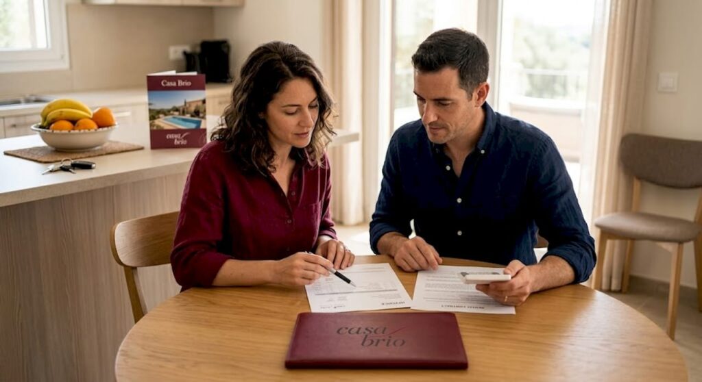 Travelers reviewing villa booking details before confirming a group stay