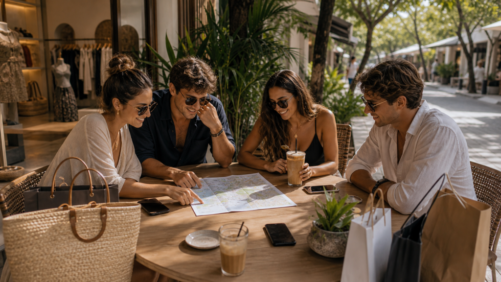 Villa guests planning a short Seminyak shopping route over coffee
