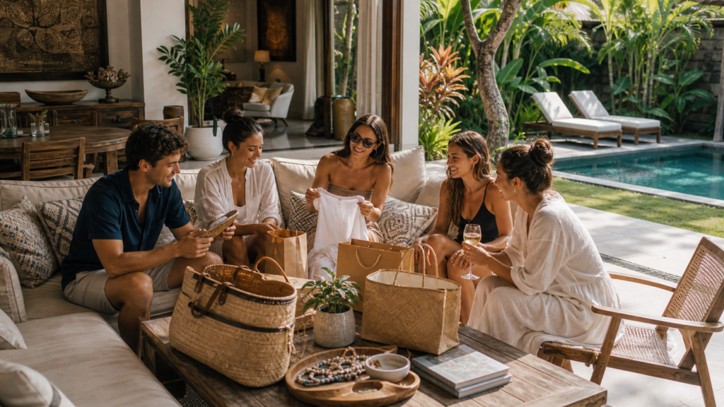 Villa guests sorting boutique purchases before an easy evening in Seminyak
