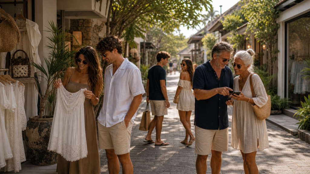 A villa group splitting into smaller shopping plans along a quiet Seminyak lane
